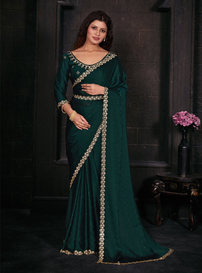 Rama Green Embellished Satin Georgette Saree