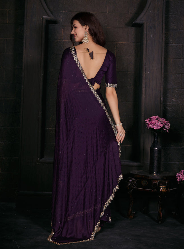 Eggplant Embellished Satin Georgette Saree