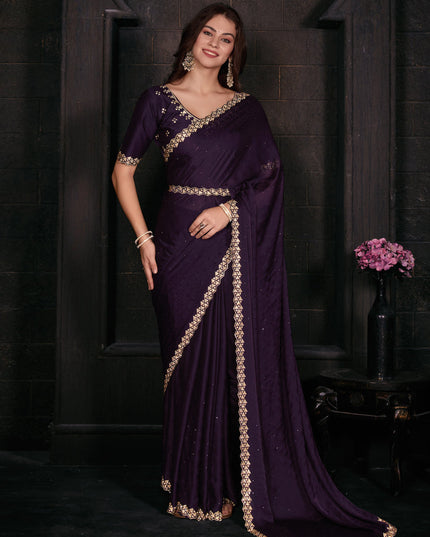 Eggplant Embellished Satin Georgette Saree