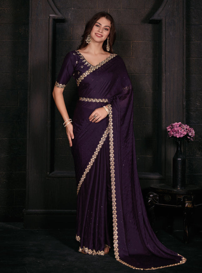 Eggplant Embellished Satin Georgette Saree
