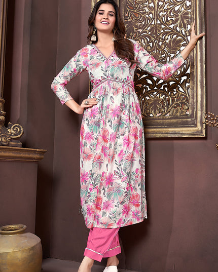 White Rayon Readymade Alia Cut Salwar Kameez