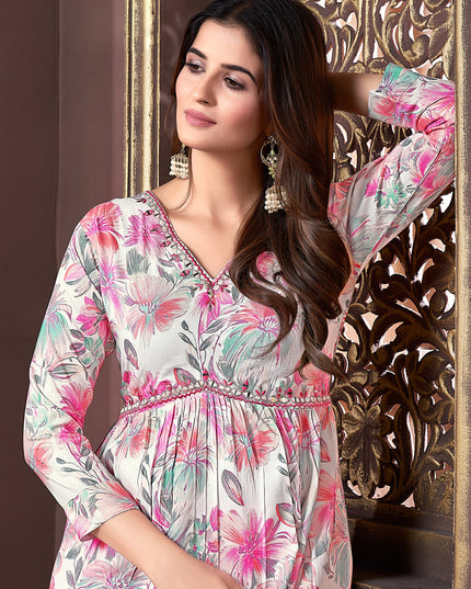 White Rayon Readymade Alia Cut Salwar Kameez