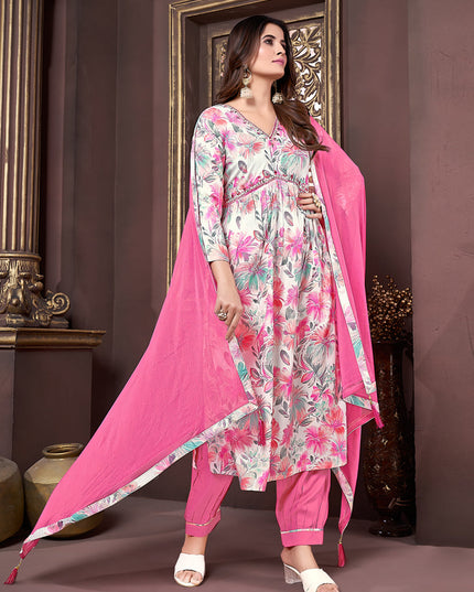 White Rayon Readymade Alia Cut Salwar Kameez