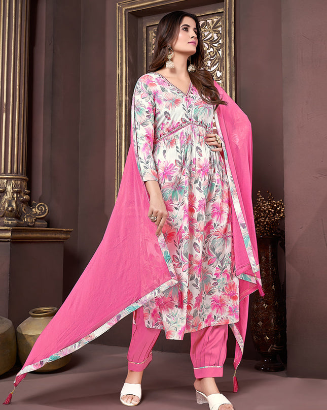 White Rayon Readymade Alia Cut Salwar Kameez