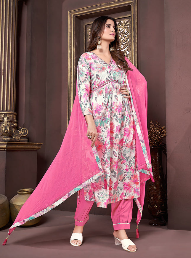 White Rayon Readymade Alia Cut Salwar Kameez