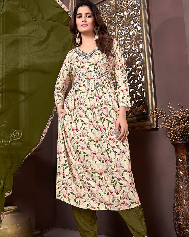 Cream Rayon Readymade Alia Cut Salwar Kameez