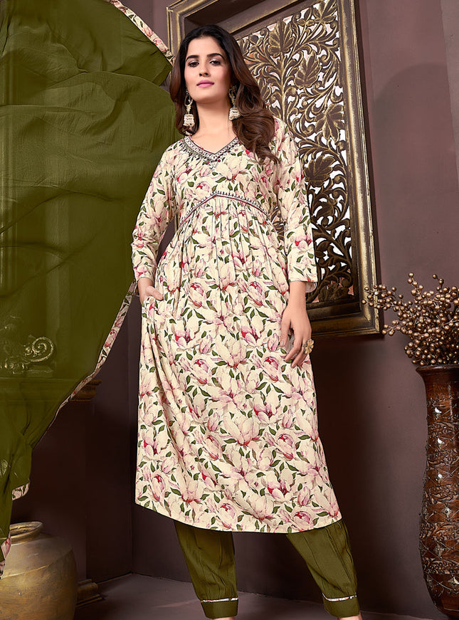 Cream Rayon Readymade Alia Cut Salwar Kameez