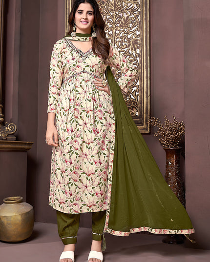 Cream Rayon Readymade Alia Cut Salwar Kameez