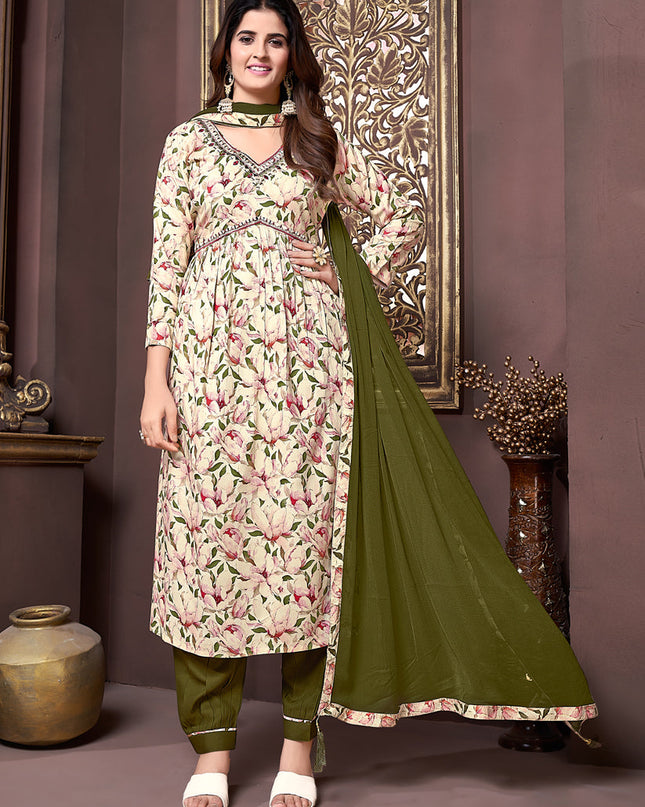 Cream Rayon Readymade Alia Cut Salwar Kameez