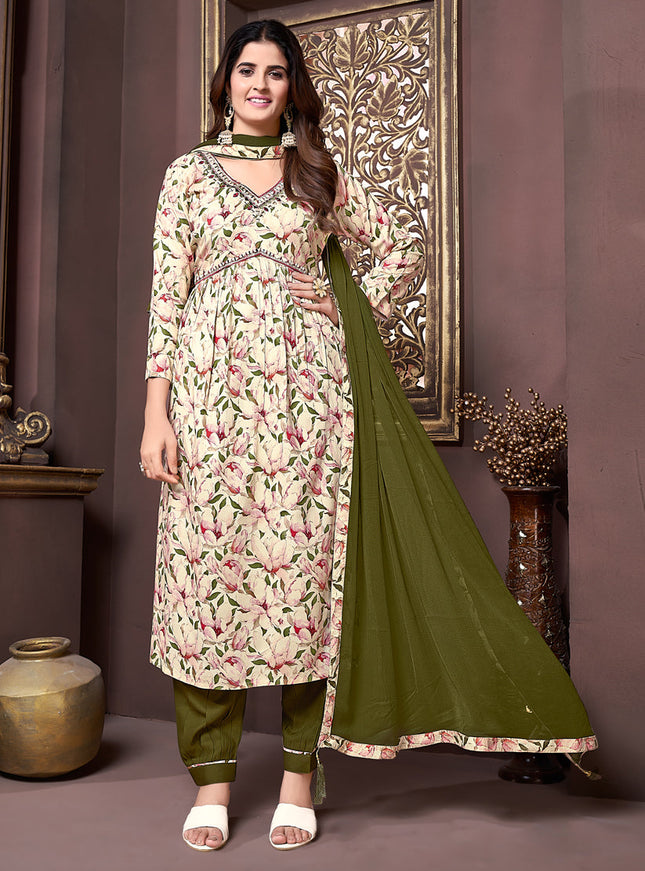 Cream Rayon Readymade Alia Cut Salwar Kameez