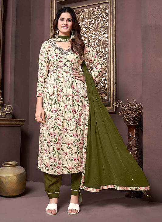 Cream Rayon Readymade Alia Cut Salwar Kameez