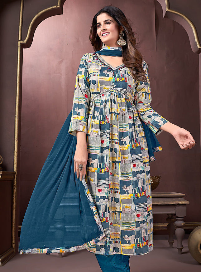 Multicolor Rayon Readymade Alia Cut Salwar Kameez