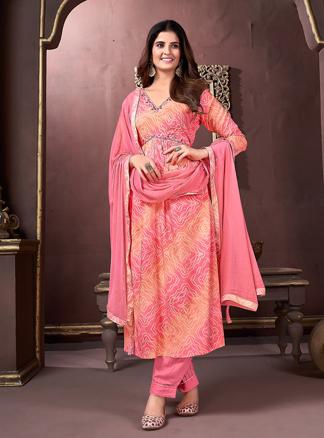 Coral Pink Rayon Readymade Pant Kameez Suit