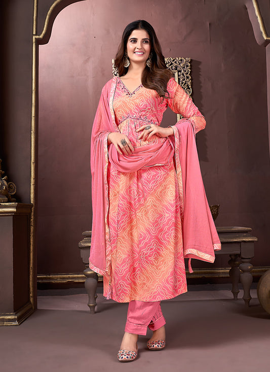 Coral Pink Rayon Readymade Pant Kameez Suit