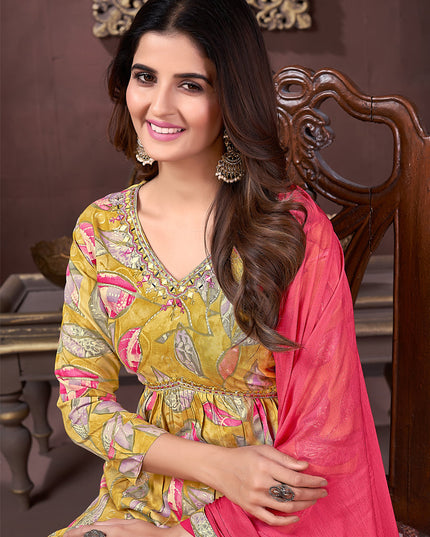 Mustard Yellow Rayon Readymade Pant Kameez Suit