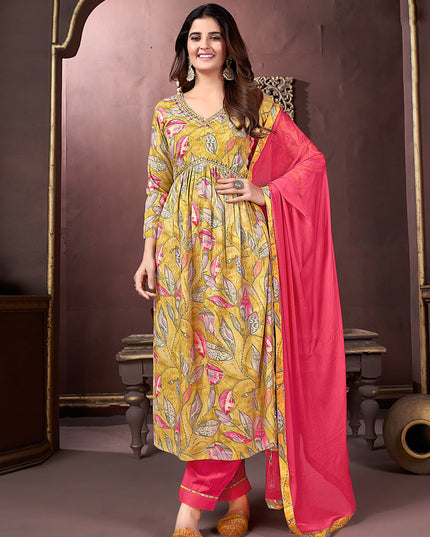 Mustard Yellow Rayon Readymade Pant Kameez Suit