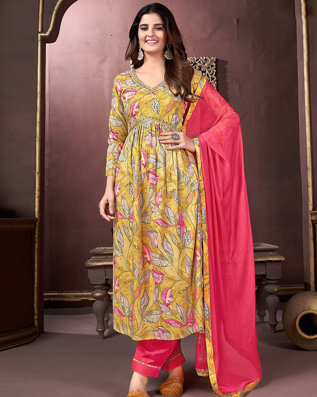 Mustard Yellow Rayon Readymade Pant Kameez Suit