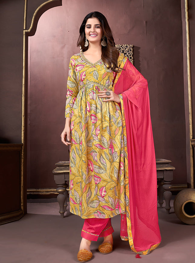 Mustard Yellow Rayon Readymade Pant Kameez Suit