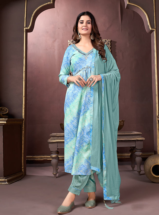 Sky Blue Rayon Readymade Pant Kameez Suit