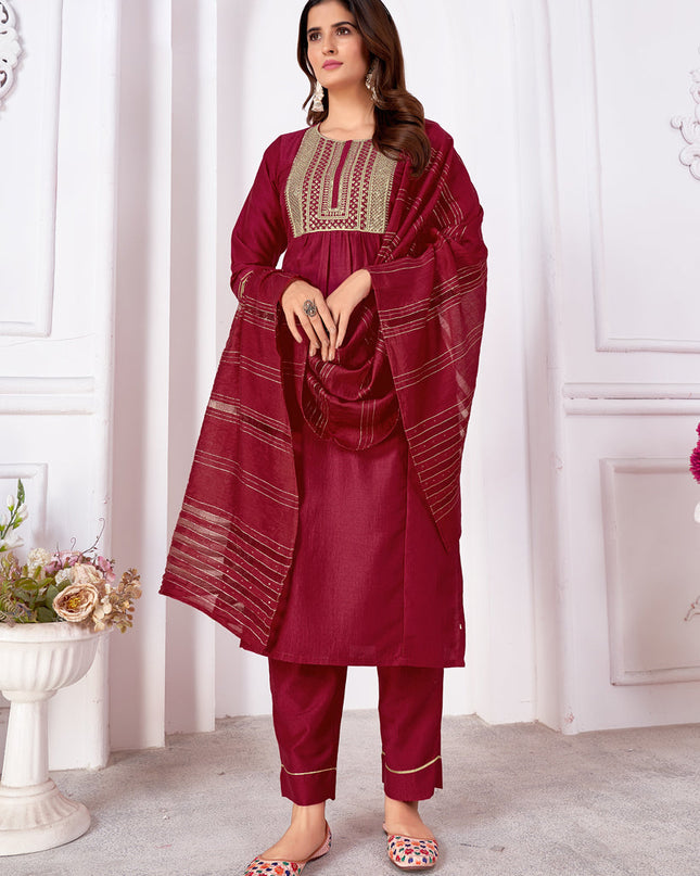 Maroon Silk Sequins Embroidered Pant Kameez Suit