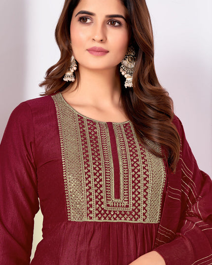 Maroon Silk Sequins Embroidered Pant Kameez Suit