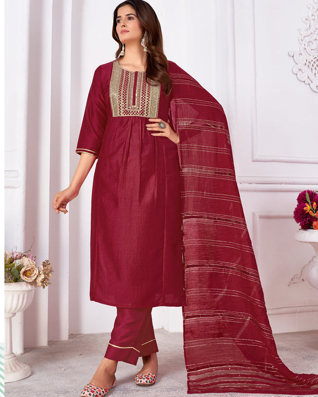Maroon Silk Sequins Embroidered Pant Kameez Suit