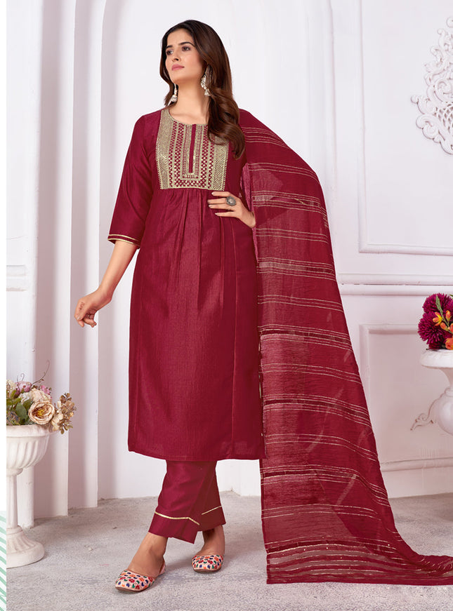 Maroon Silk Sequins Embroidered Pant Kameez Suit