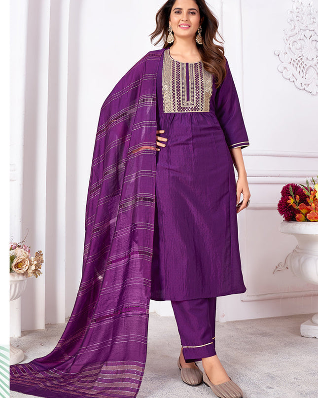 Purple Silk Sequins Embroidered Pant Kameez Suit