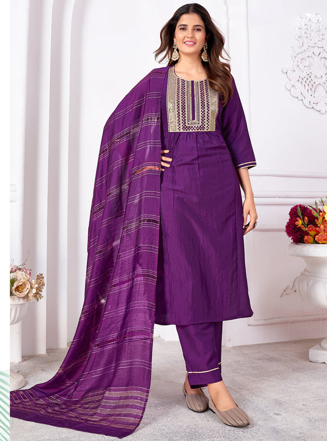 Purple Silk Sequins Embroidered Pant Kameez Suit