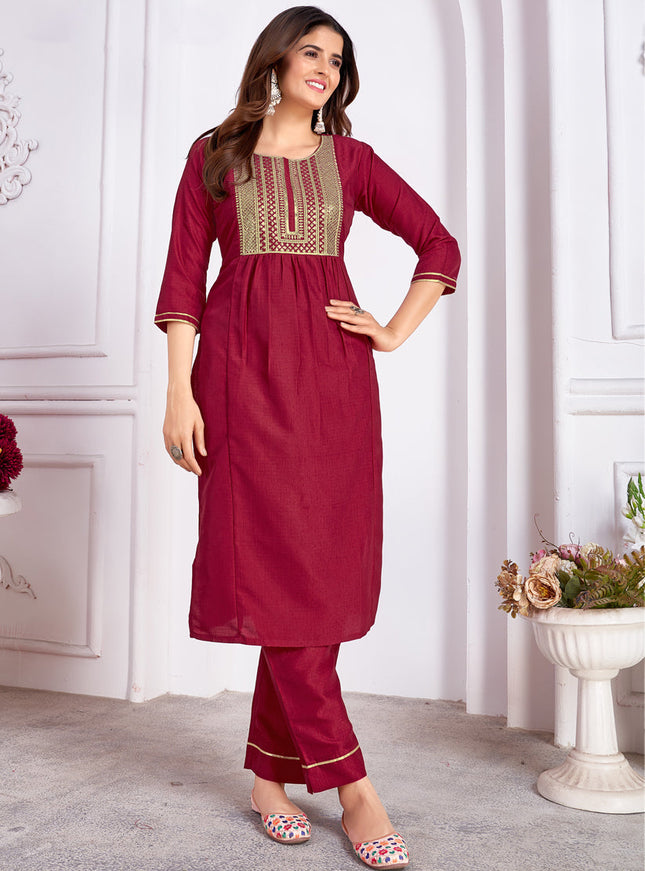 Maroon Silk Sequins Embroidered Pant Kameez Suit