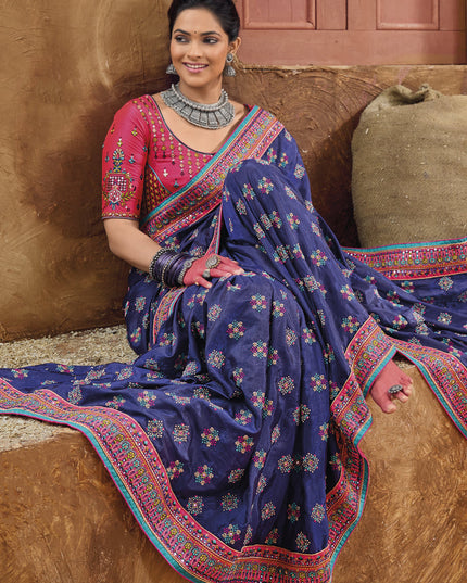 Violet Pure Kutchi Work Banarasi Silk Designer Saree