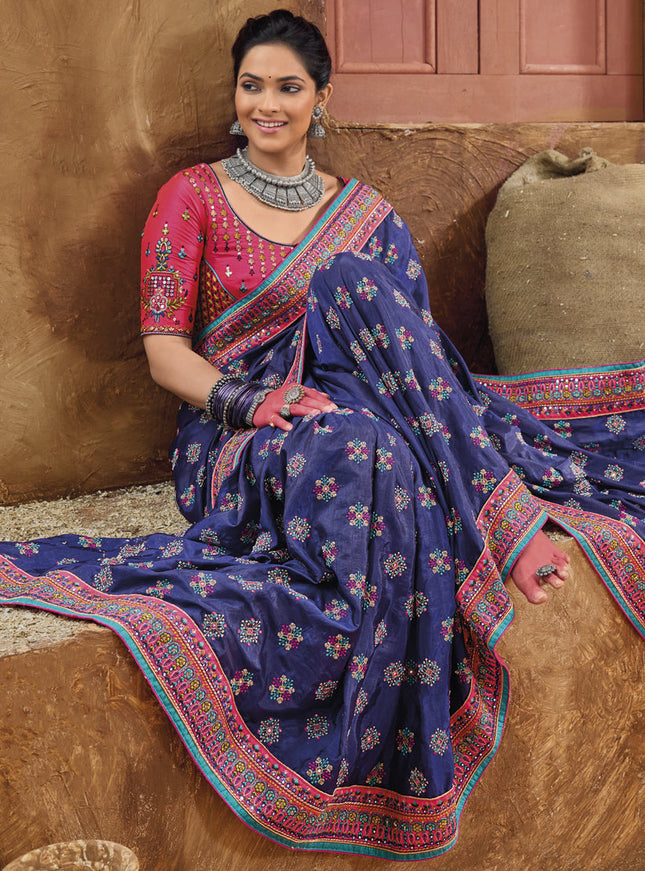 Violet Pure Kutchi Work Banarasi Silk Designer Saree
