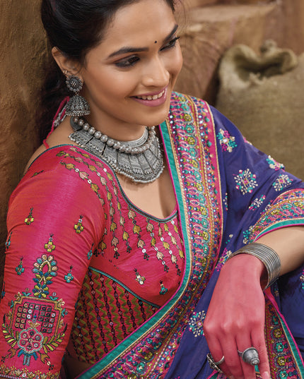 Violet Pure Kutchi Work Banarasi Silk Designer Saree