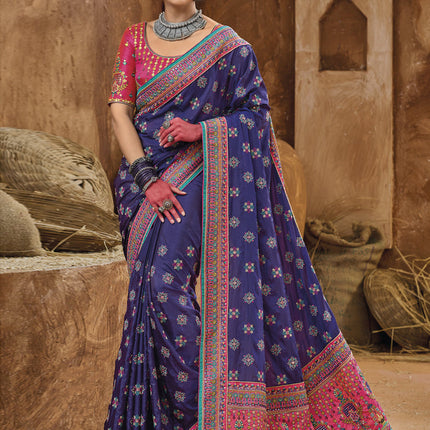 Violet Pure Kutchi Work Banarasi Silk Designer Saree