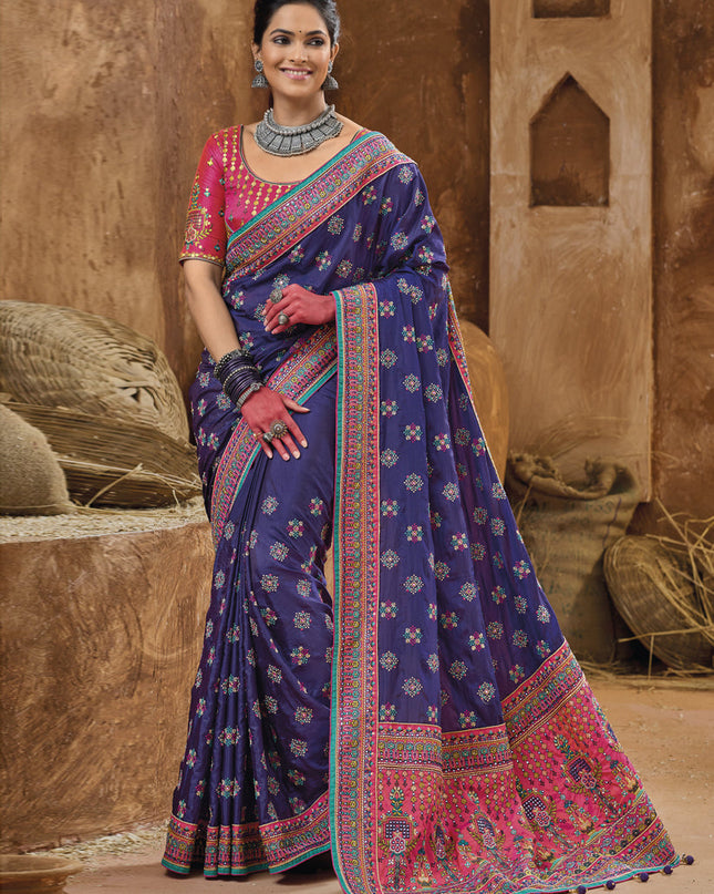 Violet Pure Kutchi Work Banarasi Silk Designer Saree