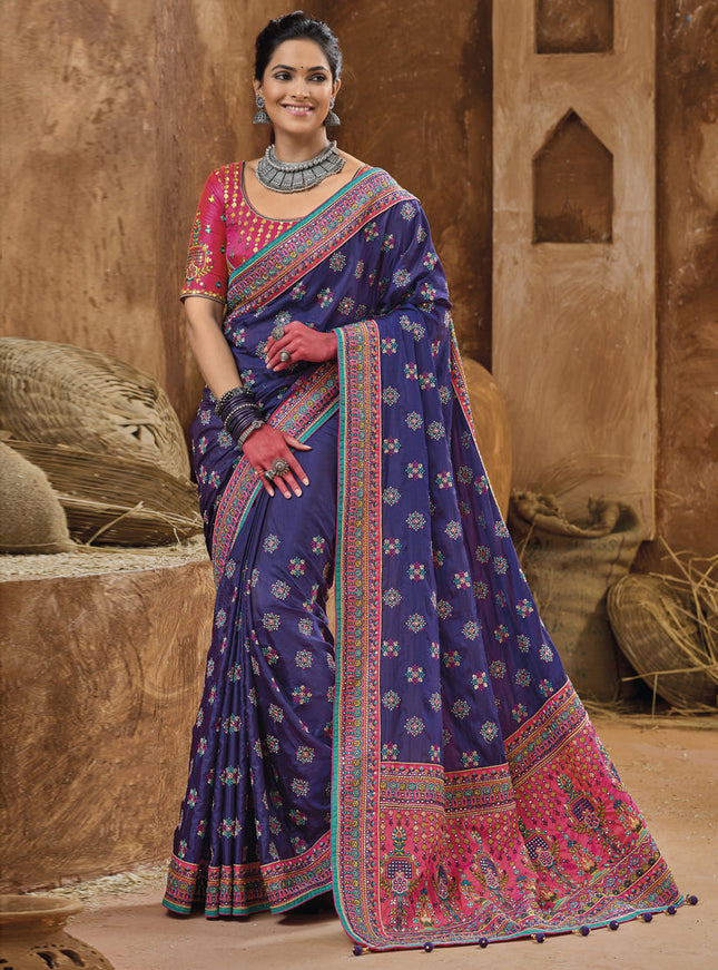 Violet Pure Kutchi Work Banarasi Silk Designer Saree