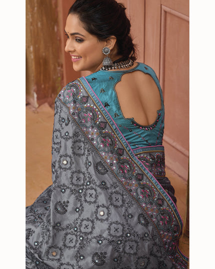 Stone Grey Pure Kutchi Work Banarasi Silk Designer Saree