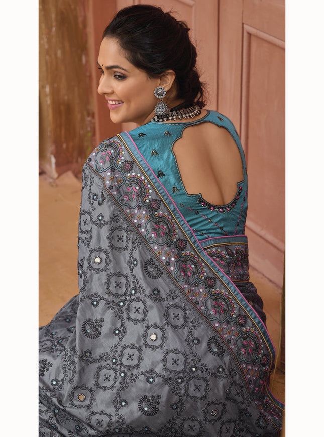 Stone Grey Pure Kutchi Work Banarasi Silk Designer Saree