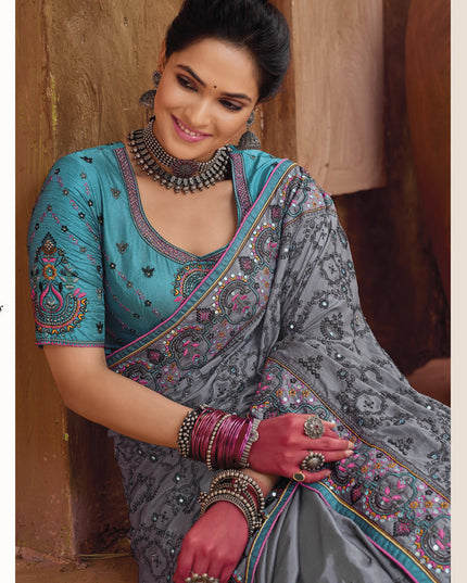 Stone Grey Pure Kutchi Work Banarasi Silk Designer Saree