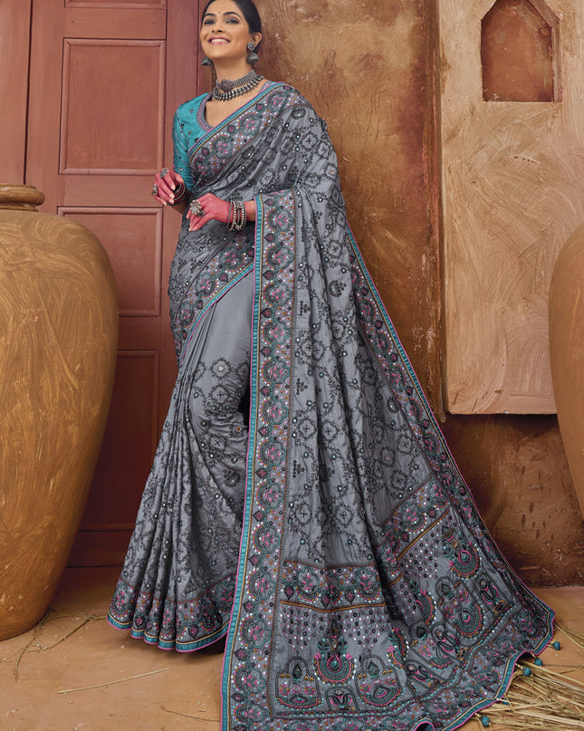 Stone Grey Pure Kutchi Work Banarasi Silk Designer Saree