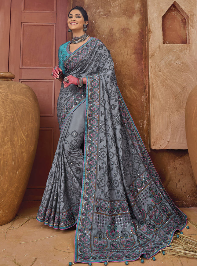 Stone Grey Pure Kutchi Work Banarasi Silk Designer Saree