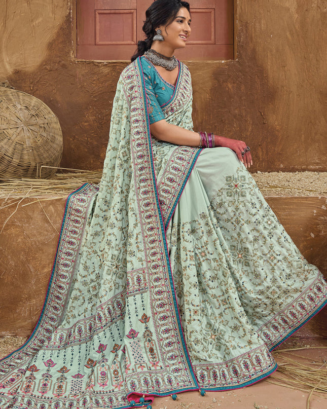 Ice Mint Pure Kutchi Work Banarasi Silk Designer Saree