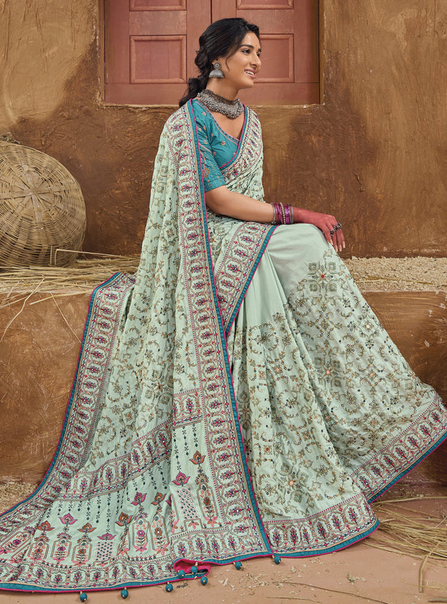 Ice Mint Pure Kutchi Work Banarasi Silk Designer Saree