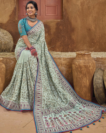 Ice Mint Pure Kutchi Work Banarasi Silk Designer Saree