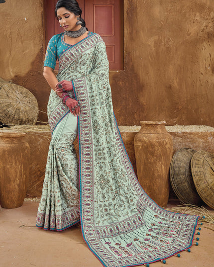 Ice Mint Pure Kutchi Work Banarasi Silk Designer Saree