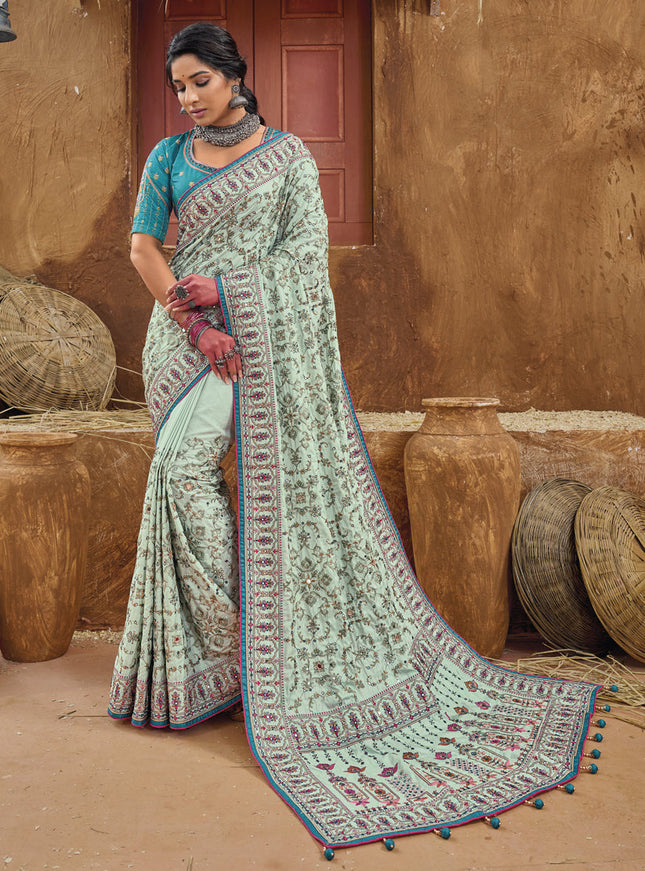 Ice Mint Pure Kutchi Work Banarasi Silk Designer Saree