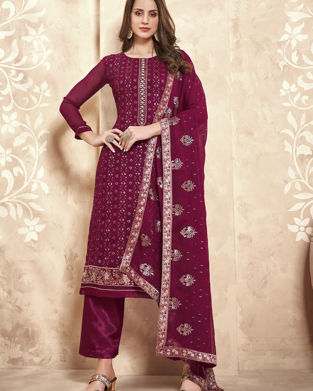 Sweet Magenta Georgette Embroidered Trouser Kameez Set
