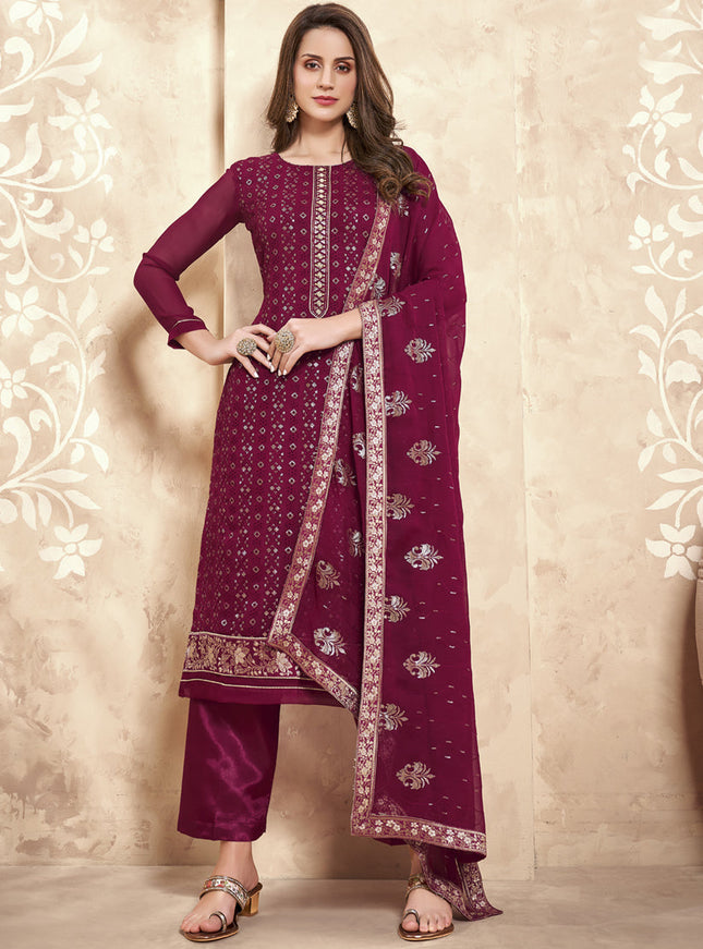 Sweet Magenta Georgette Embroidered Trouser Kameez Set