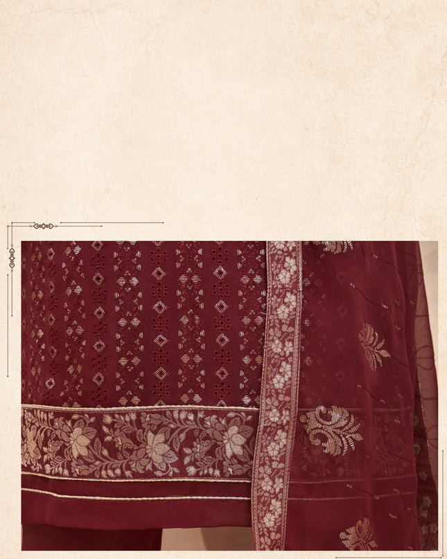 Magnetic Maroon Georgette Embroidered Trouser Kameez Set