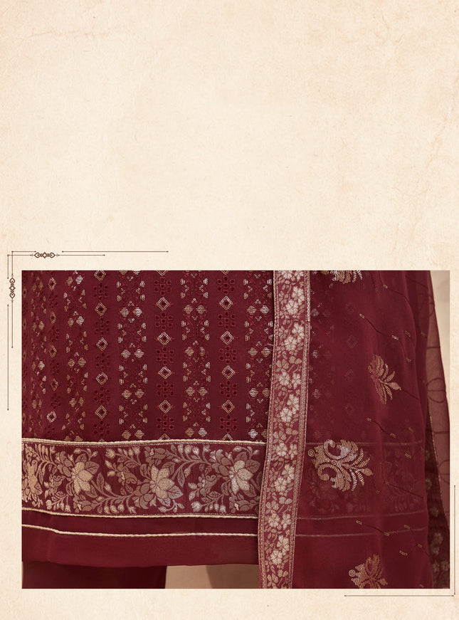 Magnetic Maroon Georgette Embroidered Trouser Kameez Set